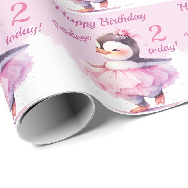 Papier Cadeau 2e anniversaire Pingouin Ballerina rose (Coin rond)