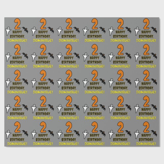 Papier Cadeau 2e anniversaire : thème Halloween effrayant + nom  (Plat)