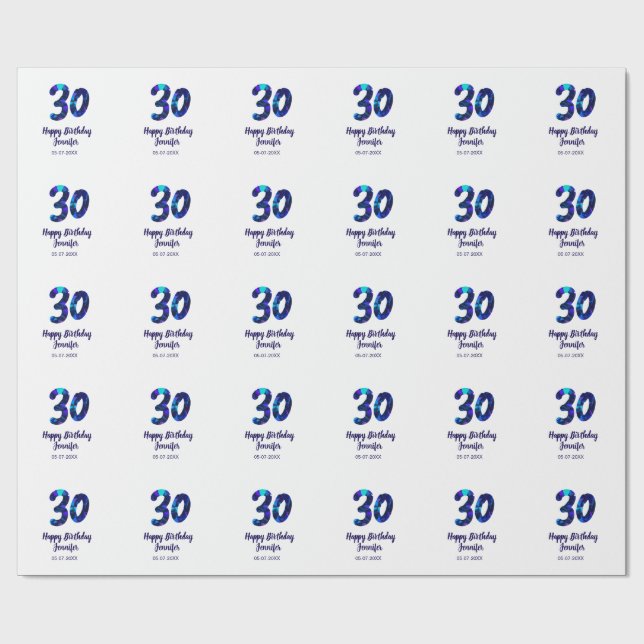 Papier Cadeau 30e anniversaire ajouter nom date année bleu scint (Plat)