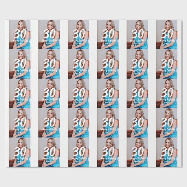 Papier Cadeau 30e anniversaire ajouter nom date année photo blan (Plat)