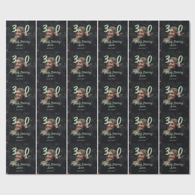 Papier Cadeau 30e anniversaire ajouter nom date année vert paste (Plat)