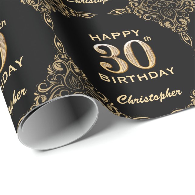 Papier Cadeau 30e anniversaire Black and Gold Parties scintillan (Coin rond)