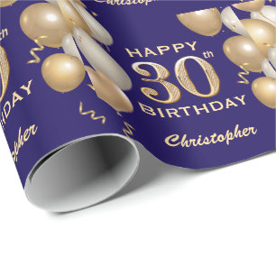 Papier Cadeau 30e anniversaire Marine Bleu et Parties scintillan