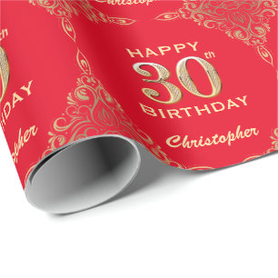 Papier Cadeau 30e anniversaire Parties scintillant rouge et or