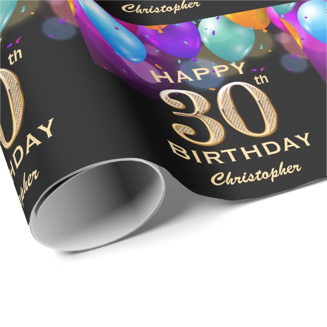 Papier Cadeau 30e fête d'anniversaire Ballons noirs et or (Coin rond)