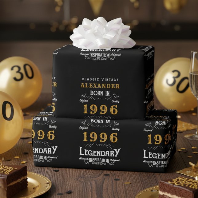 Papier Cadeau 30th Birthday 1996 Black Gold Ajouter Nom Légendai (1996 wrapping paper in black and gold)