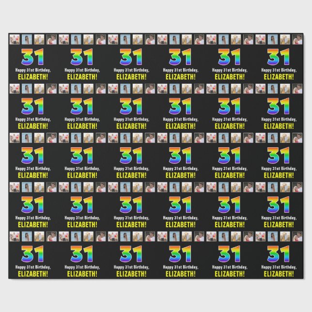 Papier Cadeau 31e anniversaire : Arc-en-ciel "31"; photos et nom (Couture)