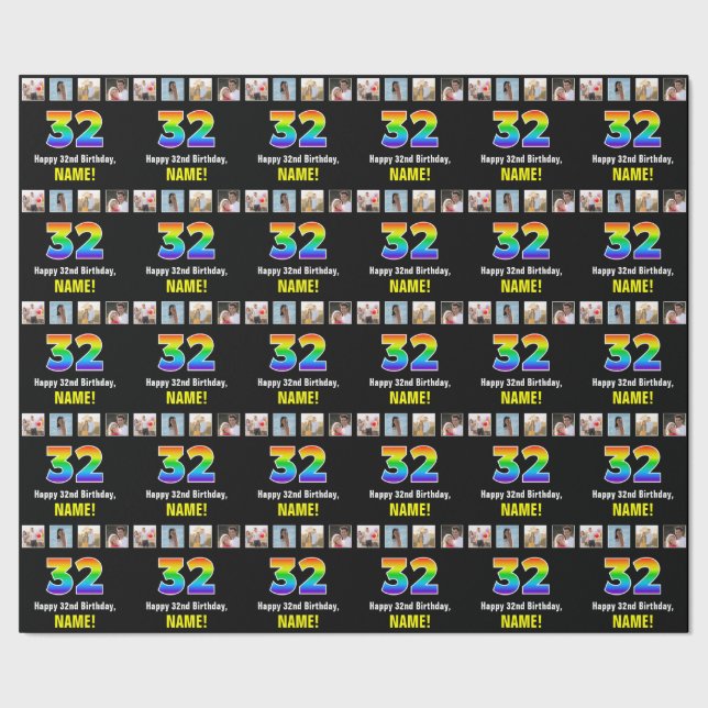 Papier Cadeau 32e anniversaire : Arc-en-ciel "32"; photos et nom (Couture)