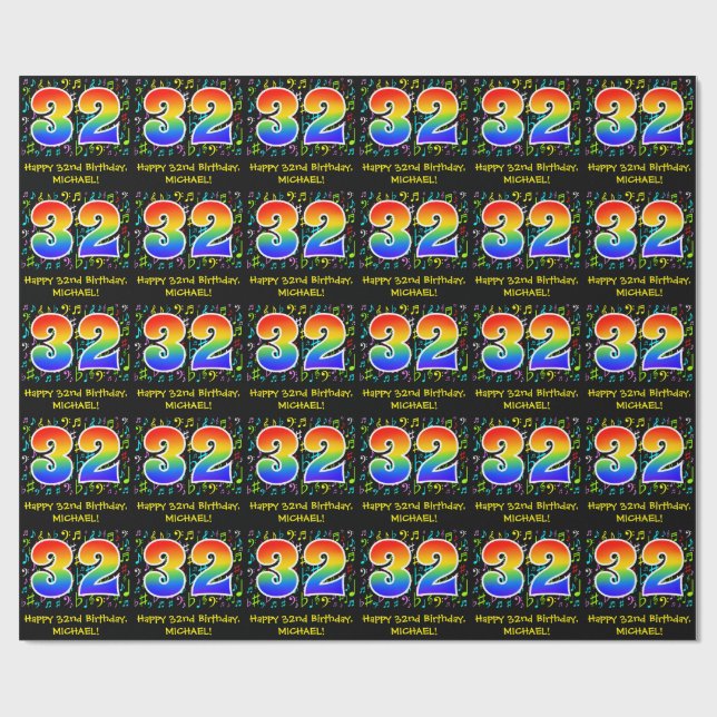 Papier Cadeau 32e anniversaire : Symboles de musique colorée, Ar (Plat)