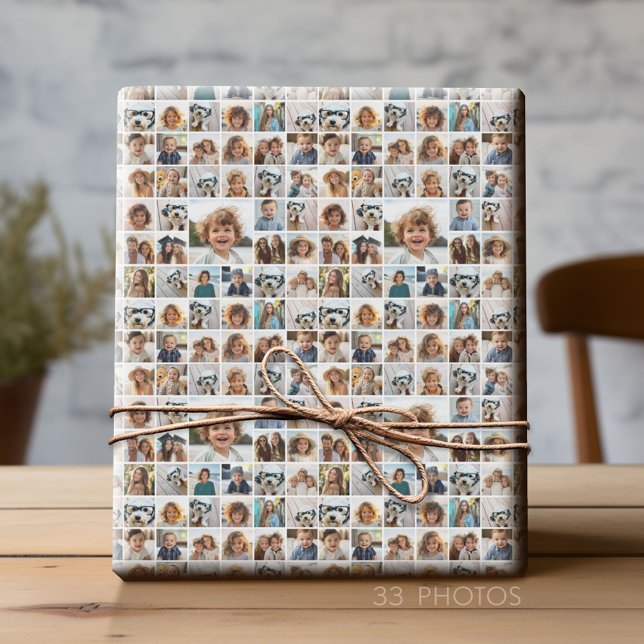 Papier Cadeau 33 Photo Collage Moderne Carré Disposition Blanc (Custom Photo Wrapping Paper)