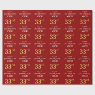 Papier Cadeau 33e anniversaire : Elégant, Rouge, Faux Gold Look