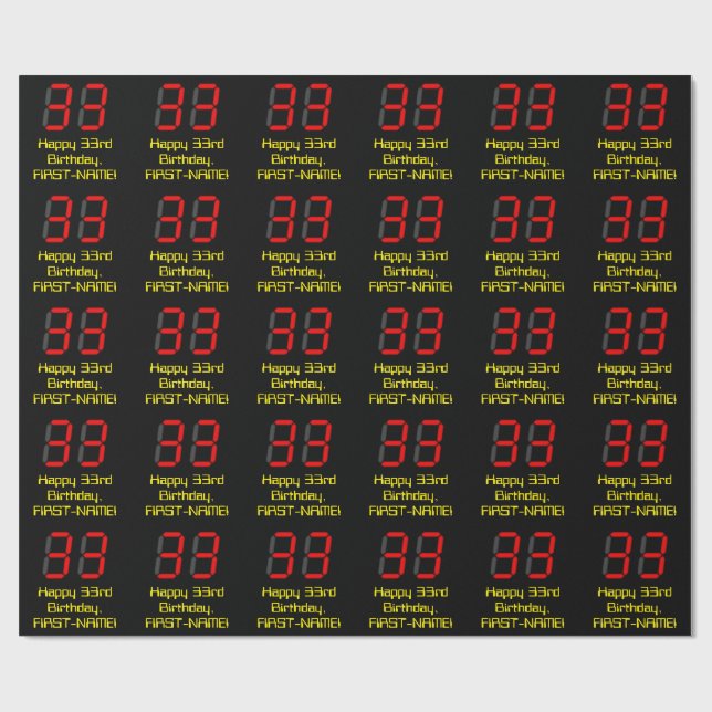 Papier Cadeau 33ème anniversaire : Rouge Digital Clock Style "33 (Plat)