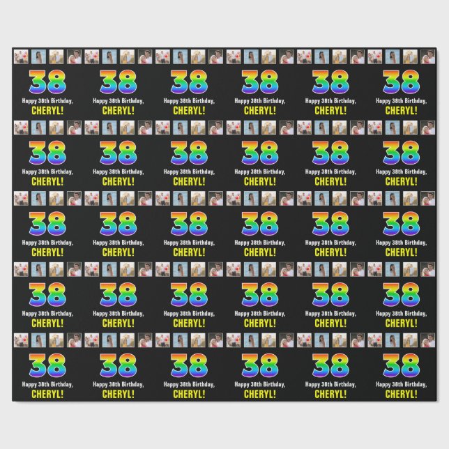 Papier Cadeau 38e anniversaire : Arc-en-ciel "38"; photos et nom (Couture)