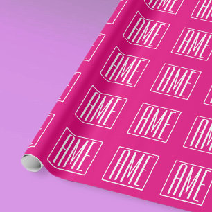 Papier Cadeau 3 Initiales Monogramme   Blanc sur rose chaud