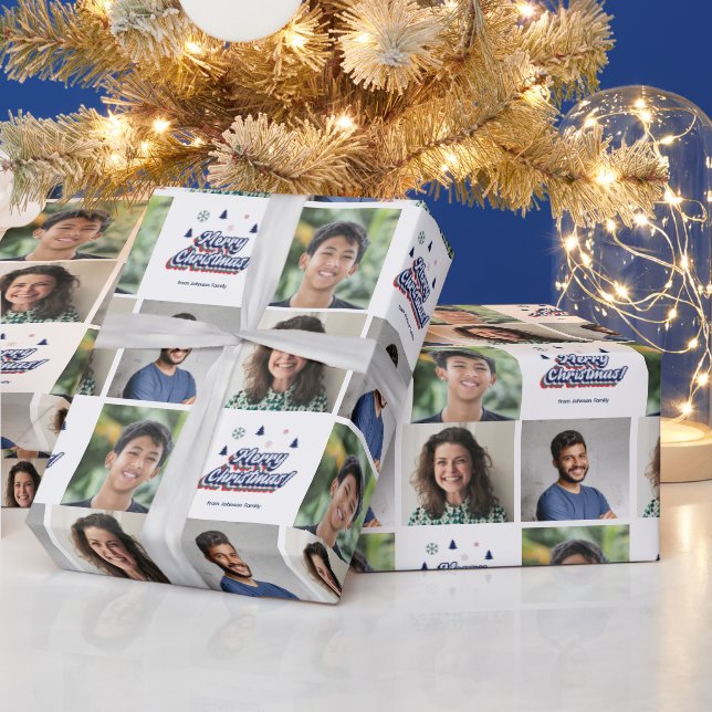 Papier Cadeau 3 Photo Famille Collage Retro Typographie de Noël (Vacances)