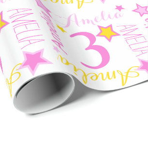 Papier Cadeau 3e anniversaire star nom personnalisé jaune rose