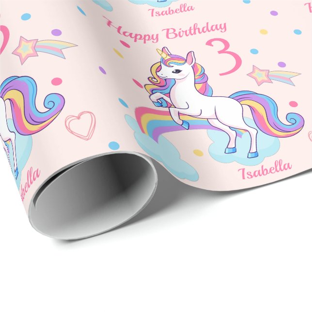 Papier Cadeau 3e anniversaire Unicorn Rainbow Pink (Coin rond)