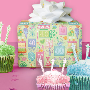 Papier Cadeau 40e anniversaire Floral Cake Balloons Casquettes p