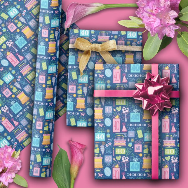 Papier Cadeau 40e anniversaire Floral Cake Balloons Casquettes p (Créateur téléchargé)