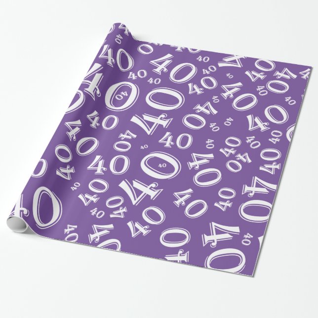 Papier Cadeau 40e anniversaire Purple & White Numéro Motif 40 (Déroulé)
