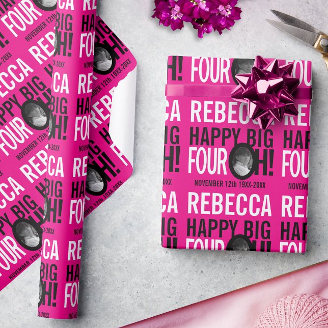 Papier Cadeau 40e anniversaire rose blanc noir 40 photo personna (Créateur téléchargé)