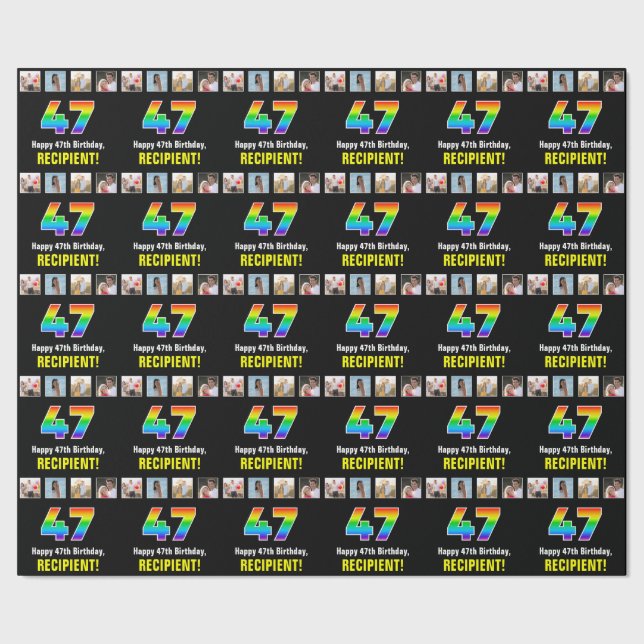 Papier Cadeau 47e anniversaire : Arc-en-ciel "47"; photos et nom (Couture)
