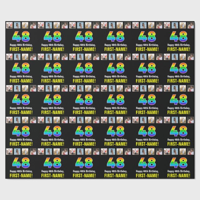 Papier Cadeau 48e anniversaire : Arc-en-ciel "48"; photos et nom (Couture)
