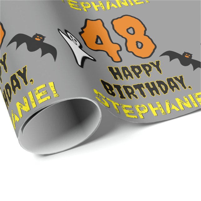 Papier Cadeau 48e anniversaire : thème Halloween effrayant, nom  (Coin rond)