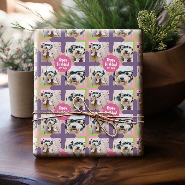 Papier Cadeau 4 Collage photo avec personnalisation Joyeux Anniv (Personalized Birthday Photo Wrapping Paper)
