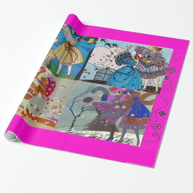 Papier Cadeau 4 SAISONS ARTDECO BEAUTÉ MODE ILLUSTRATION, Rose (Déroulé)