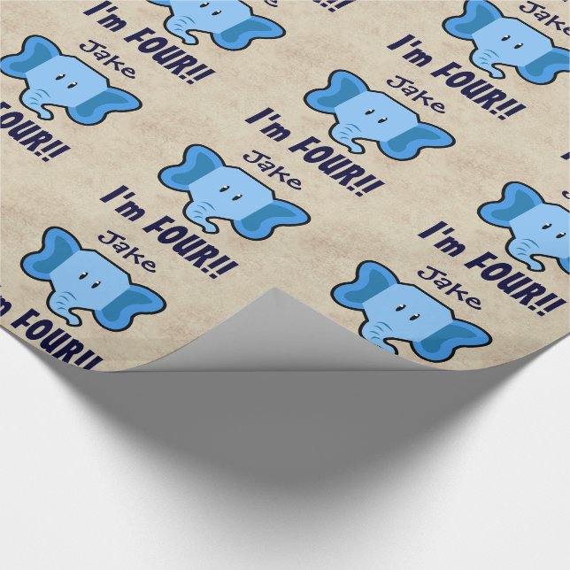 Papier Cadeau 4e anniversaire Cute Blue Elephant Face pour le GA (Coin)