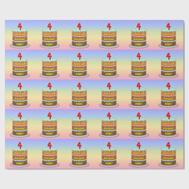 Papier Cadeau 4e anniversaire : Fun Cake and Candle + Nom person (Plat)