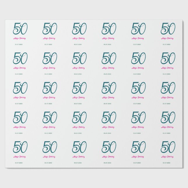Papier Cadeau 50e anniversaire ajouter nom année turquoise rose  (Plat)