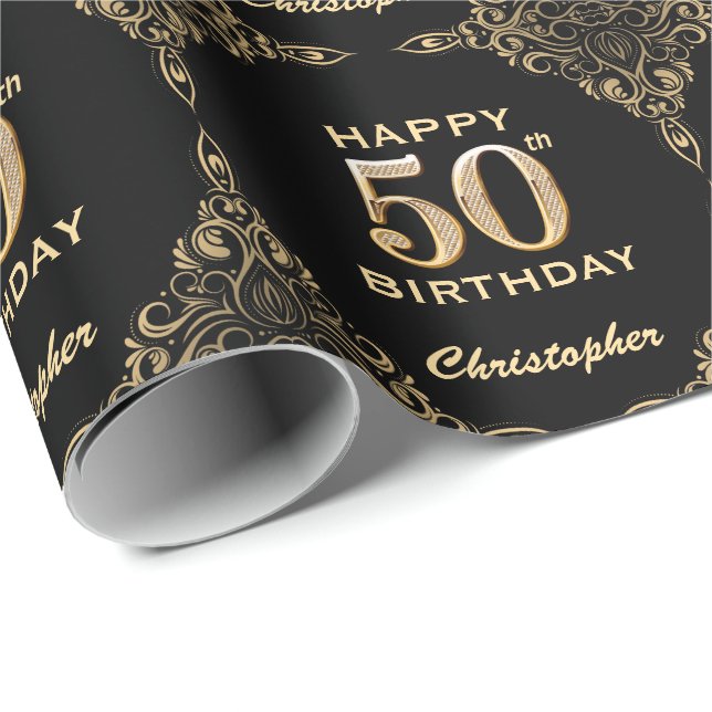 Papier Cadeau 50e anniversaire Black and Gold Parties scintillan (Coin rond)