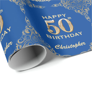 Papier Cadeau 50e anniversaire Cadre Parties scintillant bleu et