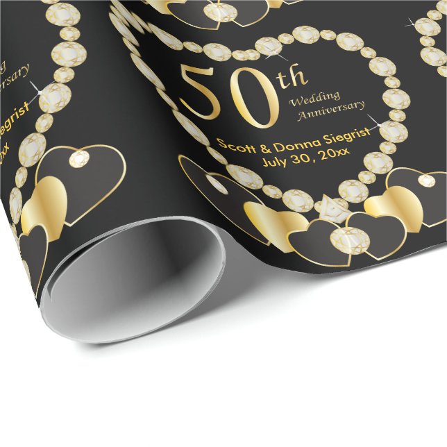 Papier Cadeau *50e anniversaire de Mariage d'or | Nom et date do (Coin rond)