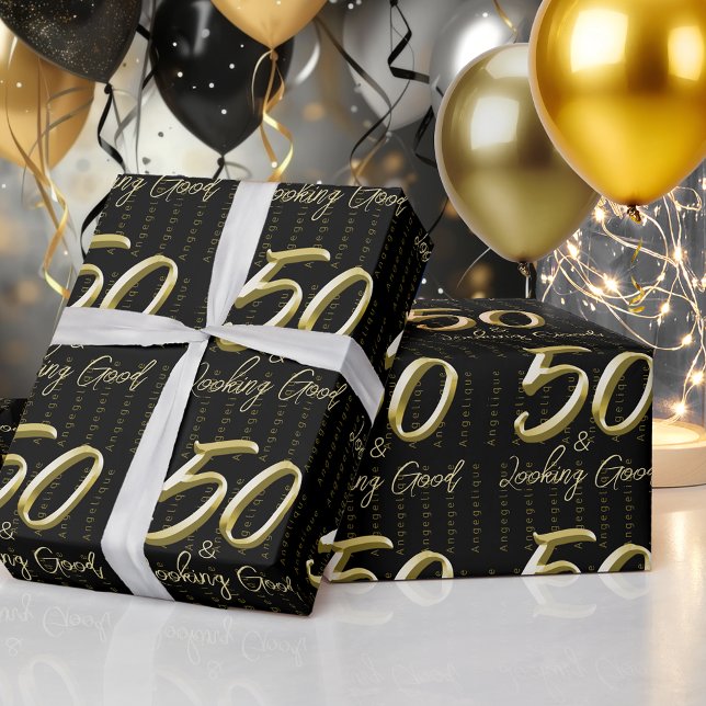 Papier Cadeau 50e Anniversaire d'or Nom personnalisé Papier d'en (Créateur téléchargé)