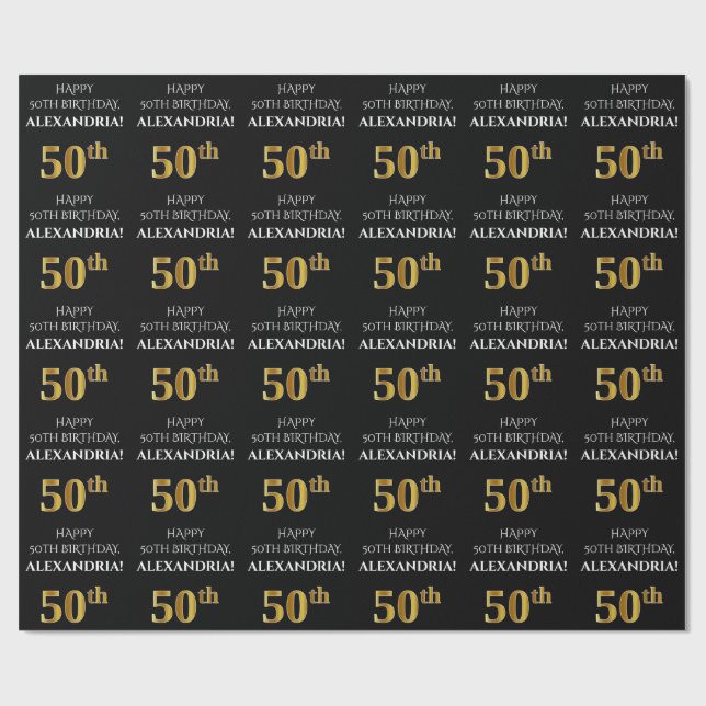 Papier Cadeau 50e anniversaire : Elégant, noir, Faux Gold Look (Plat)