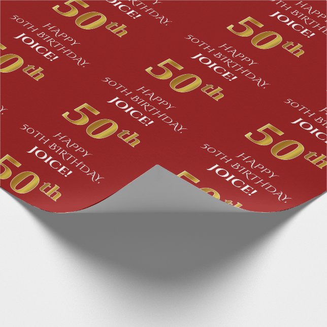 Papier Cadeau 50e anniversaire : Elégant, Rouge, Faux Gold Look (Coin)