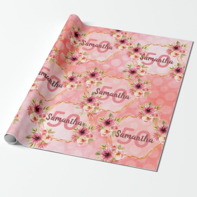 Papier Cadeau 50e anniversaire fête blush rose fleurs nom (Déroulé)