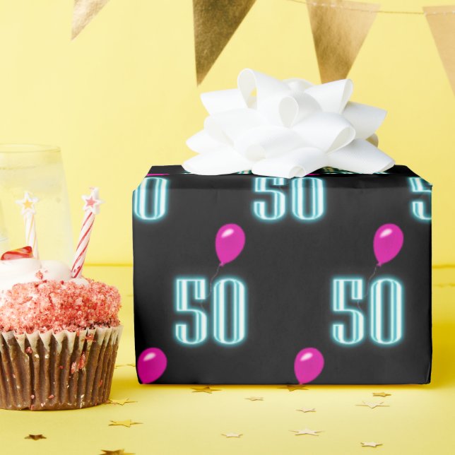 Papier Cadeau 50e anniversaire Neon avec ballon (Fête d'anniversaire)