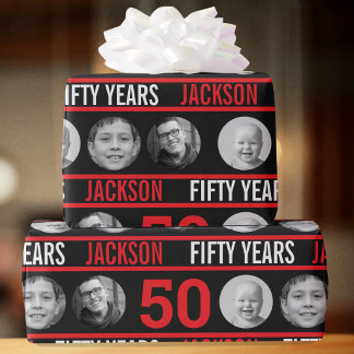 Papier Cadeau 50e anniversaire photo personnalisée rouge et noir