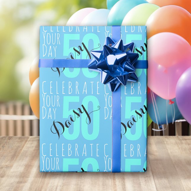 Papier Cadeau 50e anniversaire Typographie bleue (Créateur téléchargé)