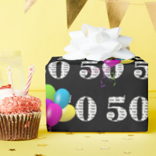 Papier Cadeau 50e Joyeux Ballons d'Anniversaire Sur Noir