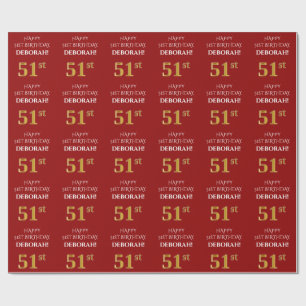Papier Cadeau 51e anniversaire : Elégant, Rouge, Faux Gold Look