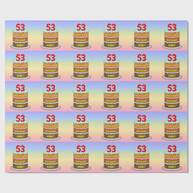 Papier Cadeau 53e anniversaire : Fun Cake and Candles + Nom pers (Plat)
