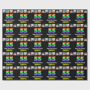 Papier Cadeau 55e anniversaire : Arc-en-ciel "55"; photos et nom