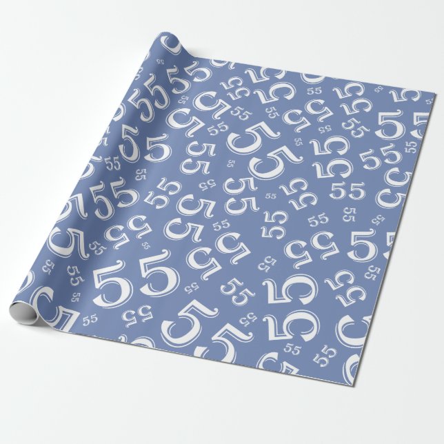 Papier Cadeau 55e anniversaire bleu/blanc Motif du numéro aléato (Déroulé)
