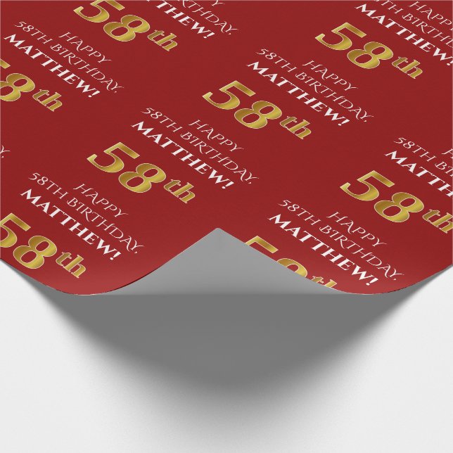 Papier Cadeau 58e anniversaire : Elégant, Rouge, Faux Gold Look (Coin)