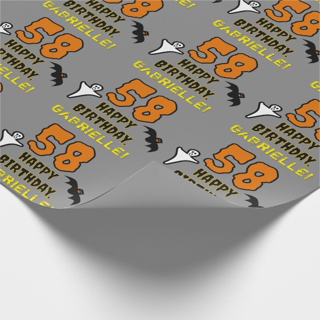 Papier Cadeau 58e anniversaire : thème Halloween effrayant, nom  (Coin)